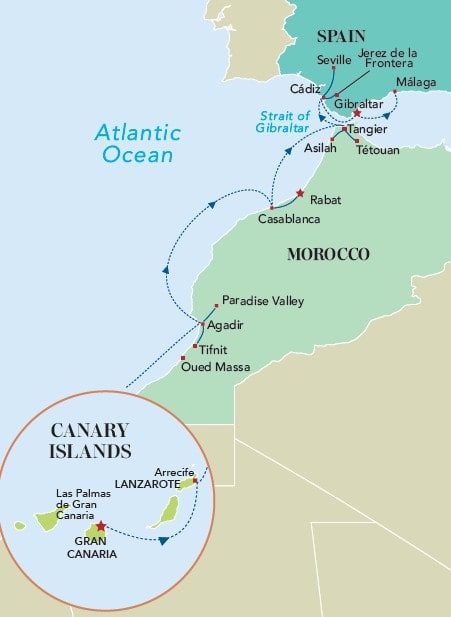 Map of Morocco and Spain's northern coast with an inset showing the Canary Islands location.