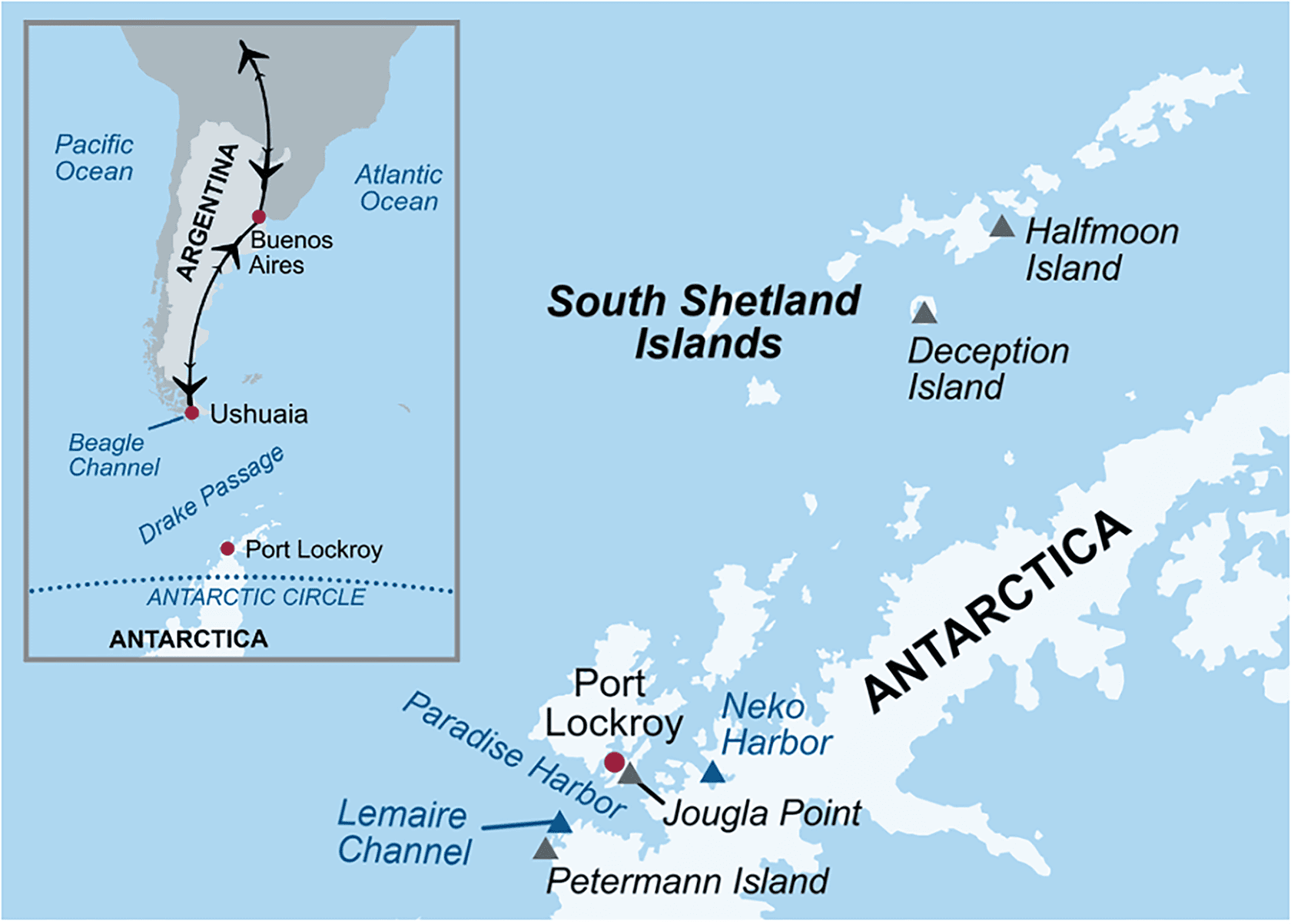 Map showing Port Lockroy's location in Antarctica with inset of the route from Buenos Aires.