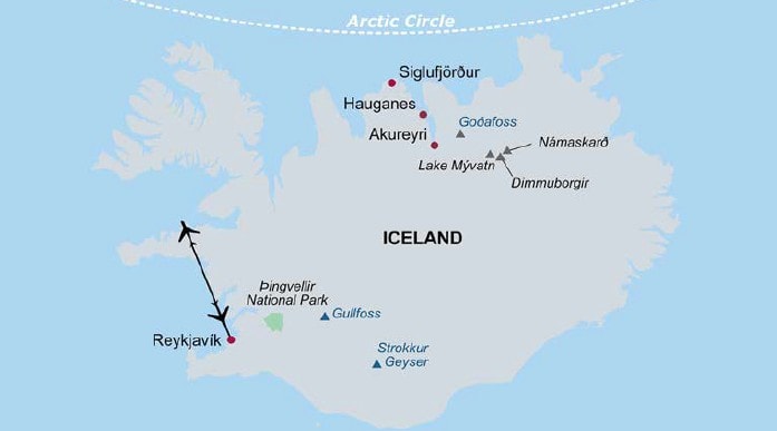 Map of Iceland showing major cities including Reykjavik, Akureyri, and Egilsstaðir.