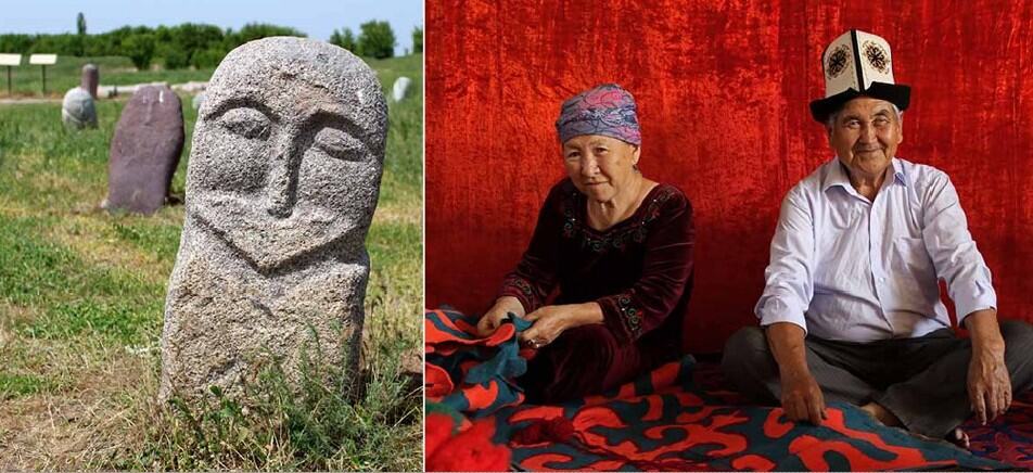 Left: Stone sculpture with carved face in grassy field.