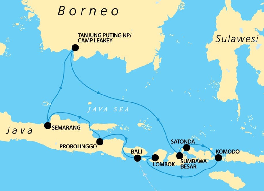 Map showing a cruise route through Indonesian waters connecting ports in Borneo, Java, Bali.